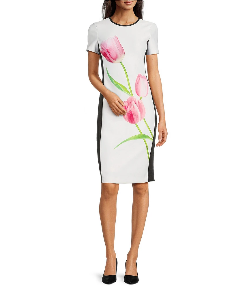 KARL LAGERFELD PARIS Tulip Scuba Floral Print Crew Neck Short Sleeve Sheath Mini Dress