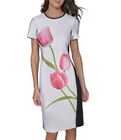 KARL LAGERFELD PARIS Tulip Scuba Floral Print Crew Neck Short Sleeve Sheath Mini Dress
