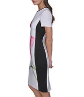 KARL LAGERFELD PARIS Tulip Scuba Floral Print Crew Neck Short Sleeve Sheath Mini Dress