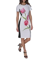 KARL LAGERFELD PARIS Tulip Scuba Floral Print Crew Neck Short Sleeve Sheath Mini Dress