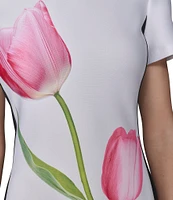 KARL LAGERFELD PARIS Tulip Scuba Floral Print Crew Neck Short Sleeve Sheath Mini Dress