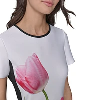 KARL LAGERFELD PARIS Tulip Scuba Floral Print Crew Neck Short Sleeve Sheath Mini Dress