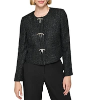 KARL LAGERFELD PARIS Tweed Crystal Bow Scoop Neck Long Sleeve Cropped Jacket