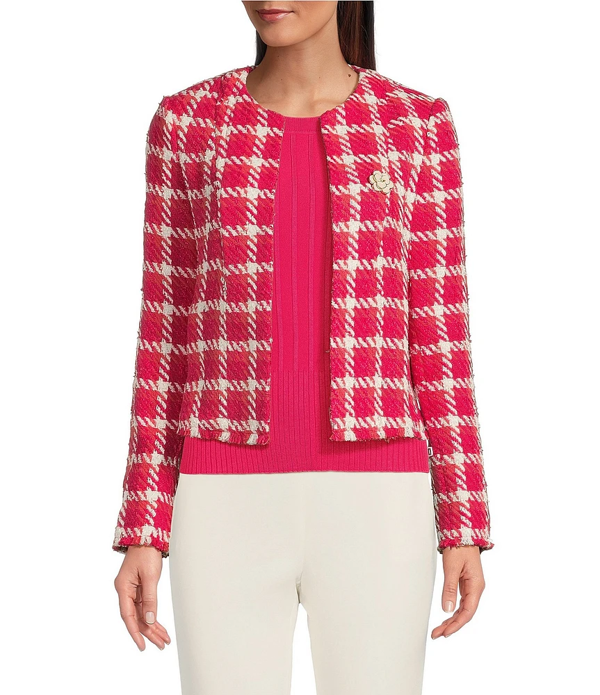 KARL LAGERFELD PARIS Tweed Floral Embellished Round Neck Long Sleeve Open Jacket