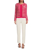 KARL LAGERFELD PARIS Tweed Floral Embellished Round Neck Long Sleeve Open Jacket