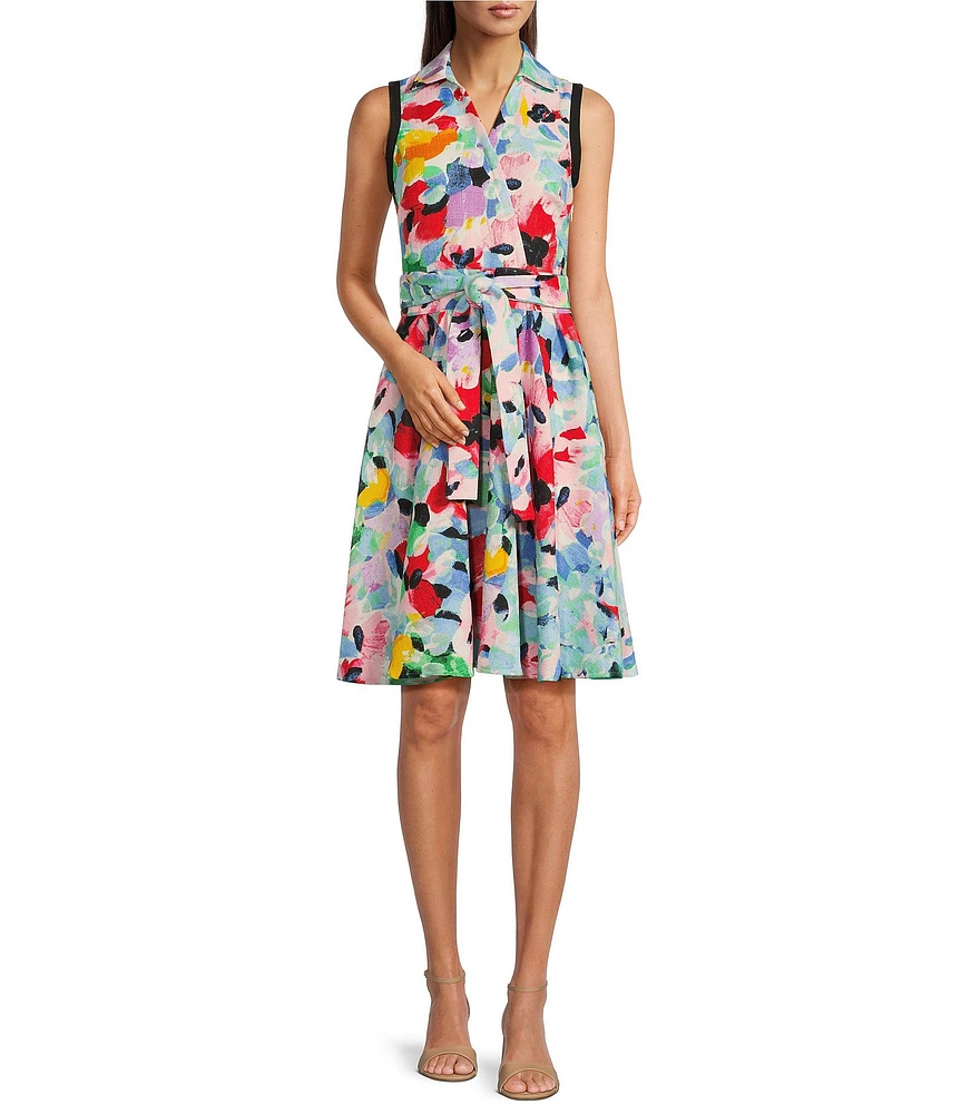 KARL LAGERFELD PARIS Tweed Floral Print Point Collar Neck Sleeveless Tie Waist Shirt Dress