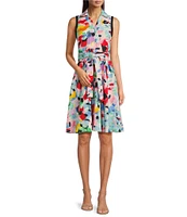 KARL LAGERFELD PARIS Tweed Floral Print Point Collar Neck Sleeveless Tie Waist Shirt Dress