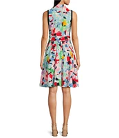 KARL LAGERFELD PARIS Tweed Floral Print Point Collar Neck Sleeveless Tie Waist Shirt Dress