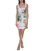 KARL LAGERFELD PARIS Tweed Floral Print Square Neck Sleeveless Sheath Mini Dress