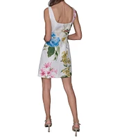 KARL LAGERFELD PARIS Tweed Floral Print Square Neck Sleeveless Sheath Mini Dress
