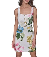 KARL LAGERFELD PARIS Tweed Floral Print Square Neck Sleeveless Sheath Mini Dress