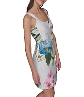 KARL LAGERFELD PARIS Tweed Floral Print Square Neck Sleeveless Sheath Mini Dress