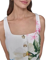 KARL LAGERFELD PARIS Tweed Floral Print Square Neck Sleeveless Sheath Mini Dress
