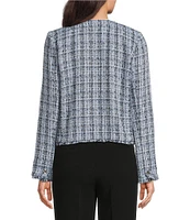 KARL LAGERFELD PARIS Tweed #double;Karl#double; Logo Round Neck Long Sleeve Open-Front Jacket