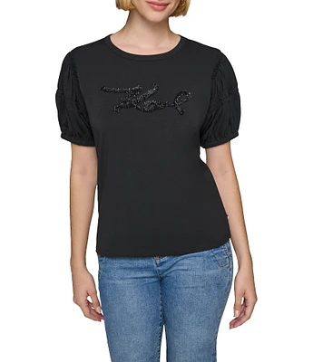 KARL LAGERFELD PARIS Tweed #double;Karl#double; Script Lettering Crew Neck Short Sleeve Top