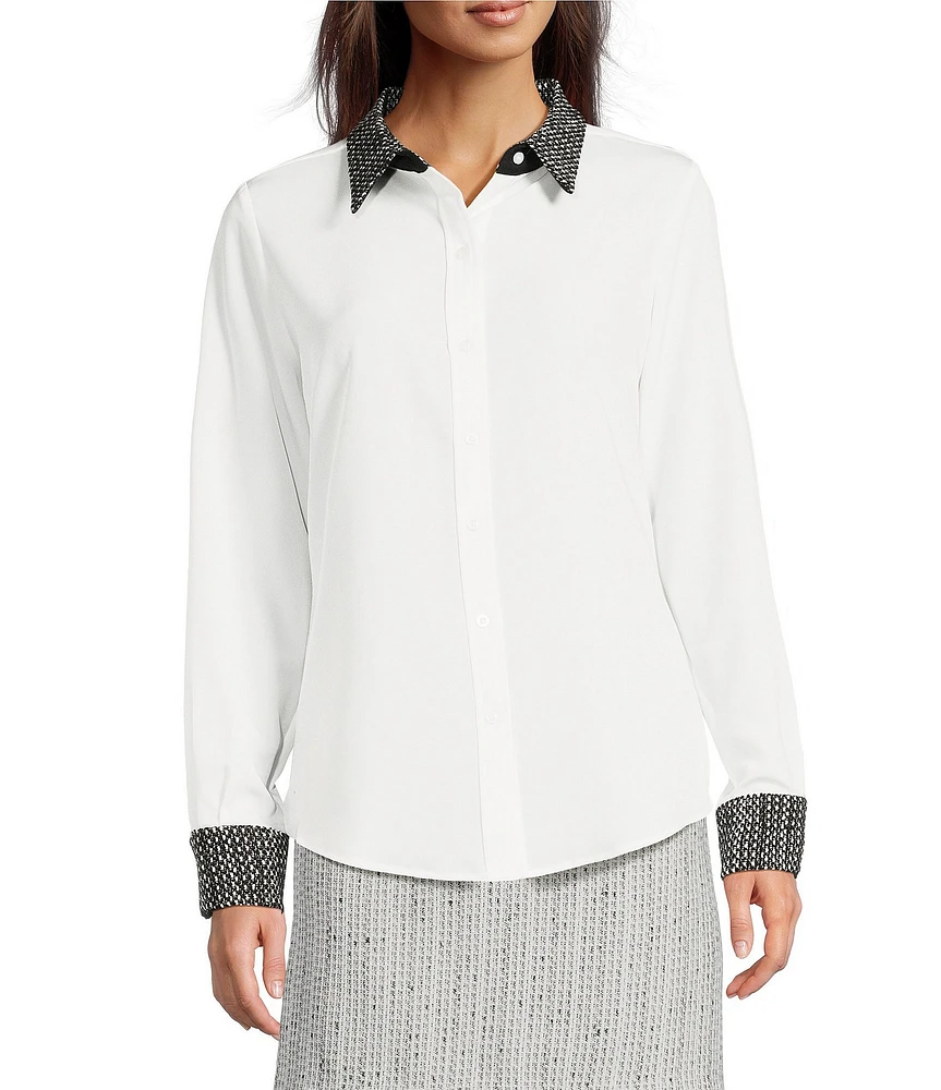 KARL LAGERFELD PARIS Tweed Mixed Media Contrast Point Collar Long Sleeve Button Front Shirt