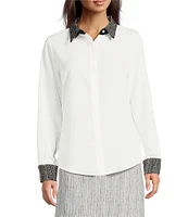 KARL LAGERFELD PARIS Tweed Mixed Media Contrast Point Collar Long Sleeve Button Front Shirt