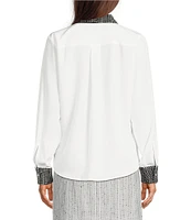 KARL LAGERFELD PARIS Tweed Mixed Media Contrast Point Collar Long Sleeve Button Front Shirt