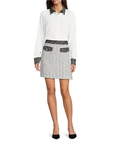 KARL LAGERFELD PARIS Tweed Mixed Media Contrast Point Collar Long Sleeve Button Front Shirt