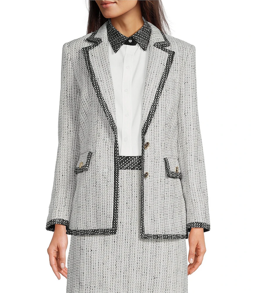 KARL LAGERFELD PARIS Tweed Notch Lapel Long Sleeve Contrast Trim Two Button Jacket