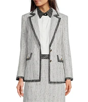 KARL LAGERFELD PARIS Tweed Notch Lapel Long Sleeve Contrast Trim Two Button Jacket