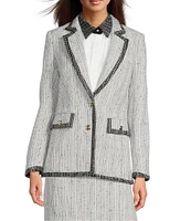 KARL LAGERFELD PARIS Tweed Notch Lapel Long Sleeve Contrast Trim Two Button Jacket