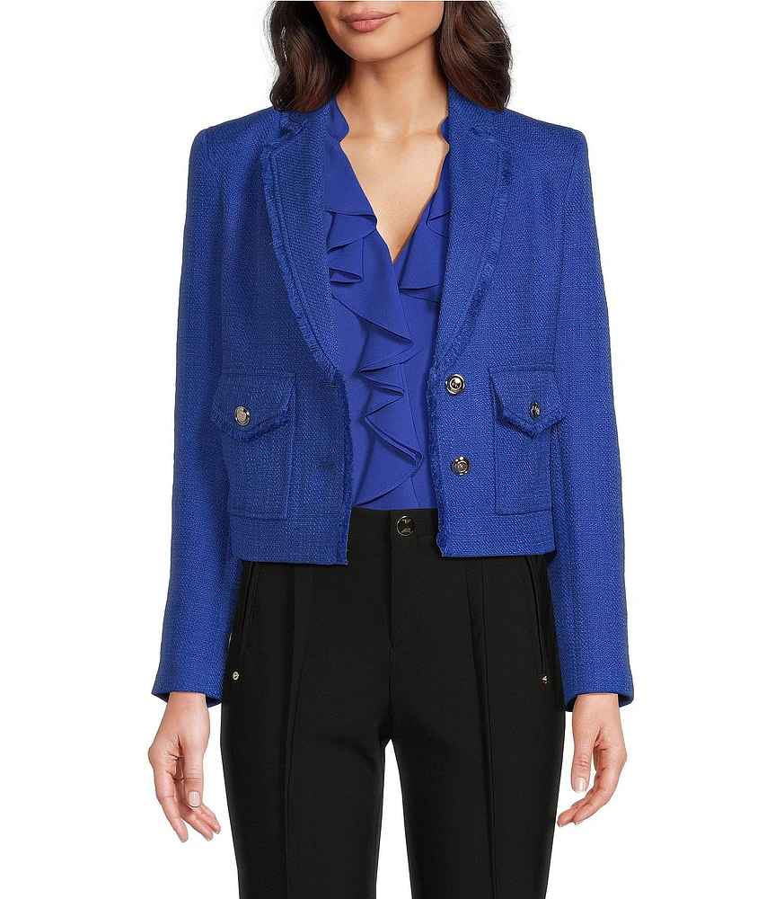 KARL LAGERFELD PARIS Tweed Notch Lapel Long Sleeve Flap Pocket Two-Button Cropped Jacket