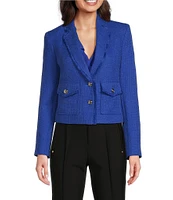 KARL LAGERFELD PARIS Tweed Notch Lapel Long Sleeve Flap Pocket Two-Button Cropped Jacket