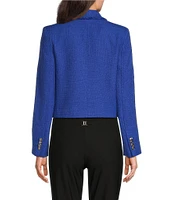 KARL LAGERFELD PARIS Tweed Notch Lapel Long Sleeve Flap Pocket Two-Button Cropped Jacket