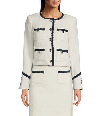 KARL LAGERFELD PARIS Tweed Round Neck Long Sleeve Braided Denim Detail Jacket