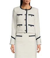 KARL LAGERFELD PARIS Tweed Round Neck Long Sleeve Braided Denim Detail Jacket