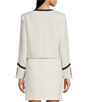 KARL LAGERFELD PARIS Tweed Round Neck Long Sleeve Braided Denim Detail Jacket