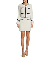 KARL LAGERFELD PARIS Tweed Round Neck Long Sleeve Braided Denim Detail Jacket