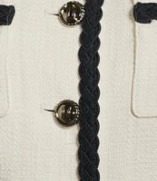KARL LAGERFELD PARIS Tweed Round Neck Long Sleeve Braided Denim Detail Jacket