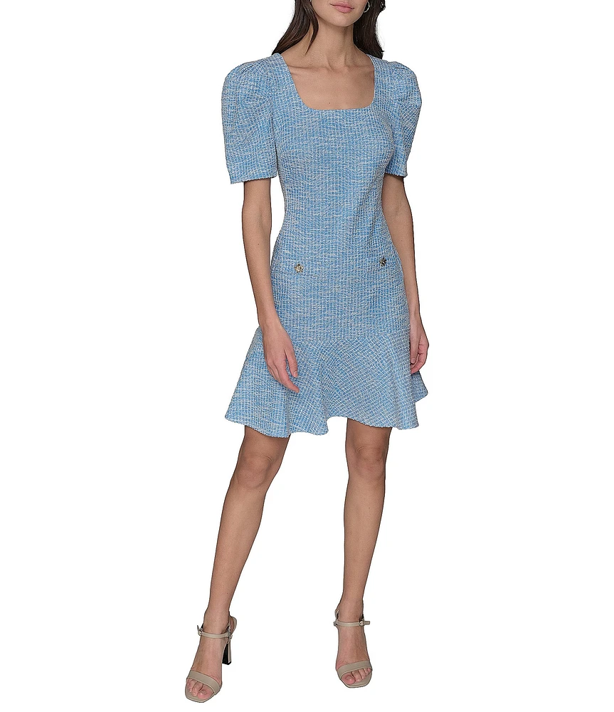 KARL LAGERFELD PARIS Tweed Square Neck Short Sleeve Rhinestone Button Detail Fit and Flare Mini Dress