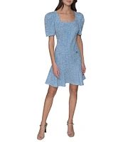 KARL LAGERFELD PARIS Tweed Square Neck Short Sleeve Rhinestone Button Detail Fit and Flare Mini Dress