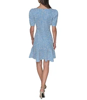 KARL LAGERFELD PARIS Tweed Square Neck Short Sleeve Rhinestone Button Detail Fit and Flare Mini Dress