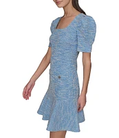 KARL LAGERFELD PARIS Tweed Square Neck Short Sleeve Rhinestone Button Detail Fit and Flare Mini Dress