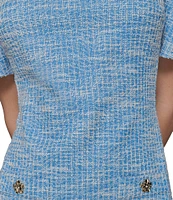 KARL LAGERFELD PARIS Tweed Square Neck Short Sleeve Rhinestone Button Detail Fit and Flare Mini Dress