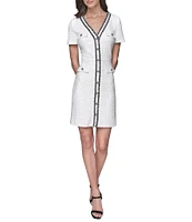 KARL LAGERFELD PARIS Tweed V-Neck Short Sleeve Button Front Sheath Mini Dress