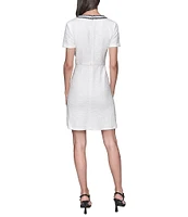 KARL LAGERFELD PARIS Tweed V-Neck Short Sleeve Button Front Sheath Mini Dress