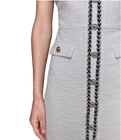 KARL LAGERFELD PARIS Tweed V-Neck Short Sleeve Button Front Sheath Mini Dress