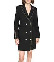 KARL LAGERFELD PARIS Twill Notch Lapel V-Neck Long Sleeve Split Cuff Sequin Trim Tuxedo Mini Dress