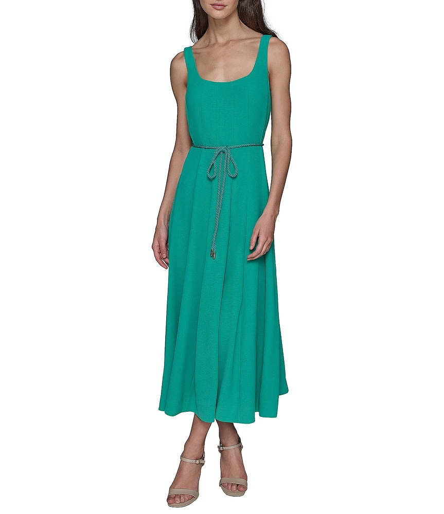 KARL LAGERFELD PARIS Twill Square Neck Sleeveless Belted Blouson Midi Dress