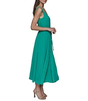 KARL LAGERFELD PARIS Twill Square Neck Sleeveless Belted Blouson Midi Dress