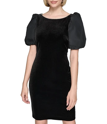 KARL LAGERFELD PARIS Velvet Embellished Boat Neck Taffeta Short Puff Sleeve Mini Dress