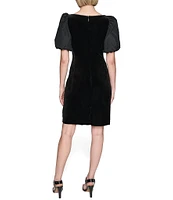 KARL LAGERFELD PARIS Velvet Embellished Boat Neck Taffeta Short Puff Sleeve Mini Dress