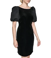 KARL LAGERFELD PARIS Velvet Embellished Boat Neck Taffeta Short Puff Sleeve Mini Dress