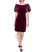 KARL LAGERFELD PARIS Velvet Embellished Boat Neck Taffeta Short Puff Sleeve Mini Dress