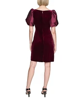 KARL LAGERFELD PARIS Velvet Embellished Boat Neck Taffeta Short Puff Sleeve Mini Dress